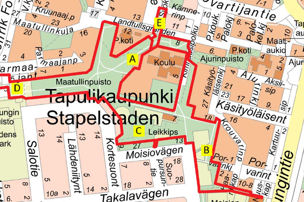 Kartutdrag. Områdena under planering visas med ett rött streck. Bild: Helsingin kaupunki
